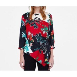 Zara Floral festival satin asymmetrical hem blouse sz M